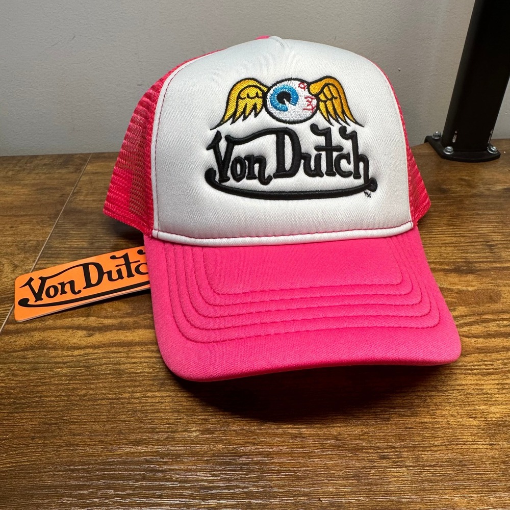 NEW Von Dutch‎ Pink White Flying Eyeball Trucker Hat Snapback Cap